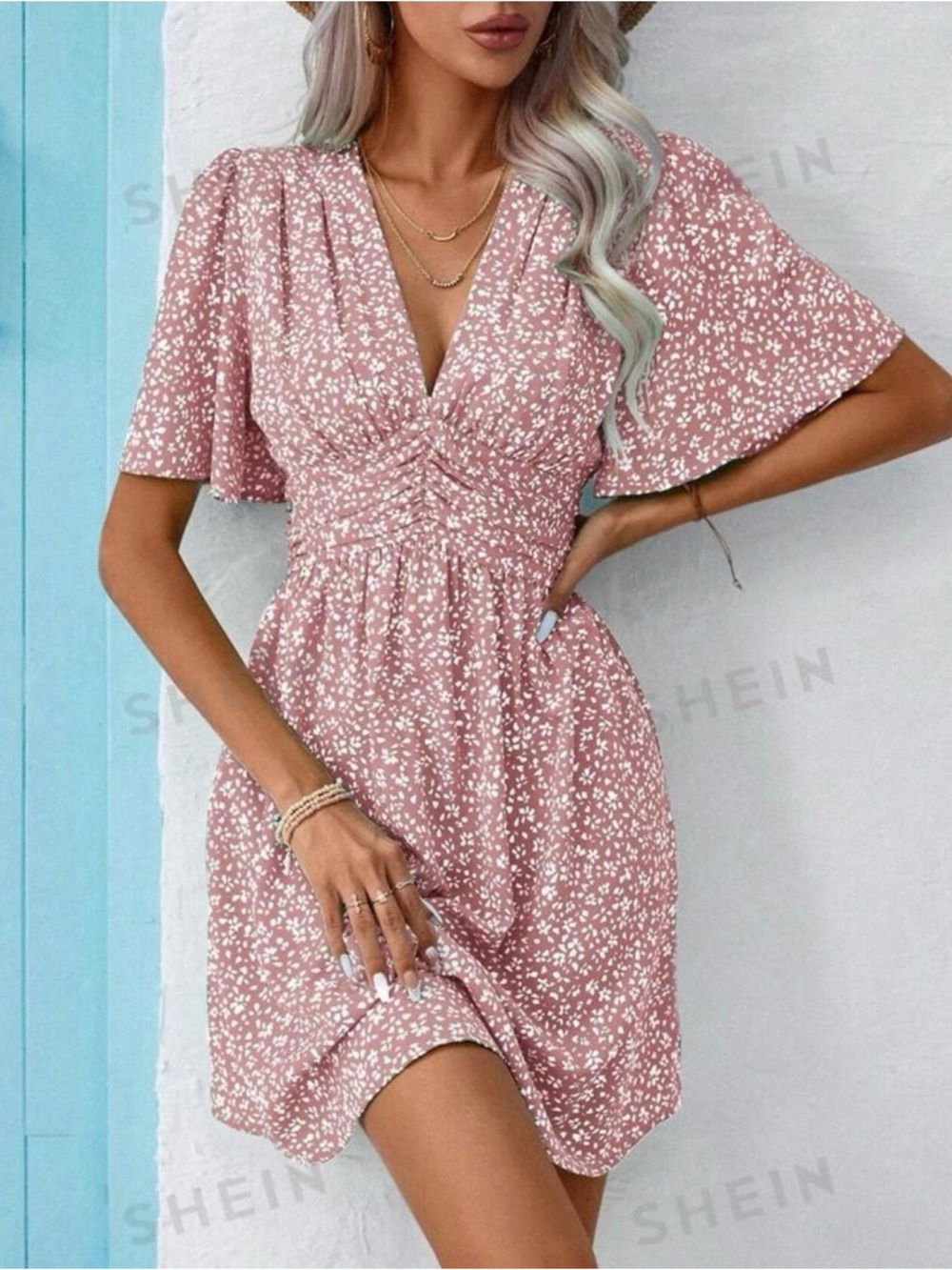 SHEIN Dusty Pink Floral V-Neck Mini Dress